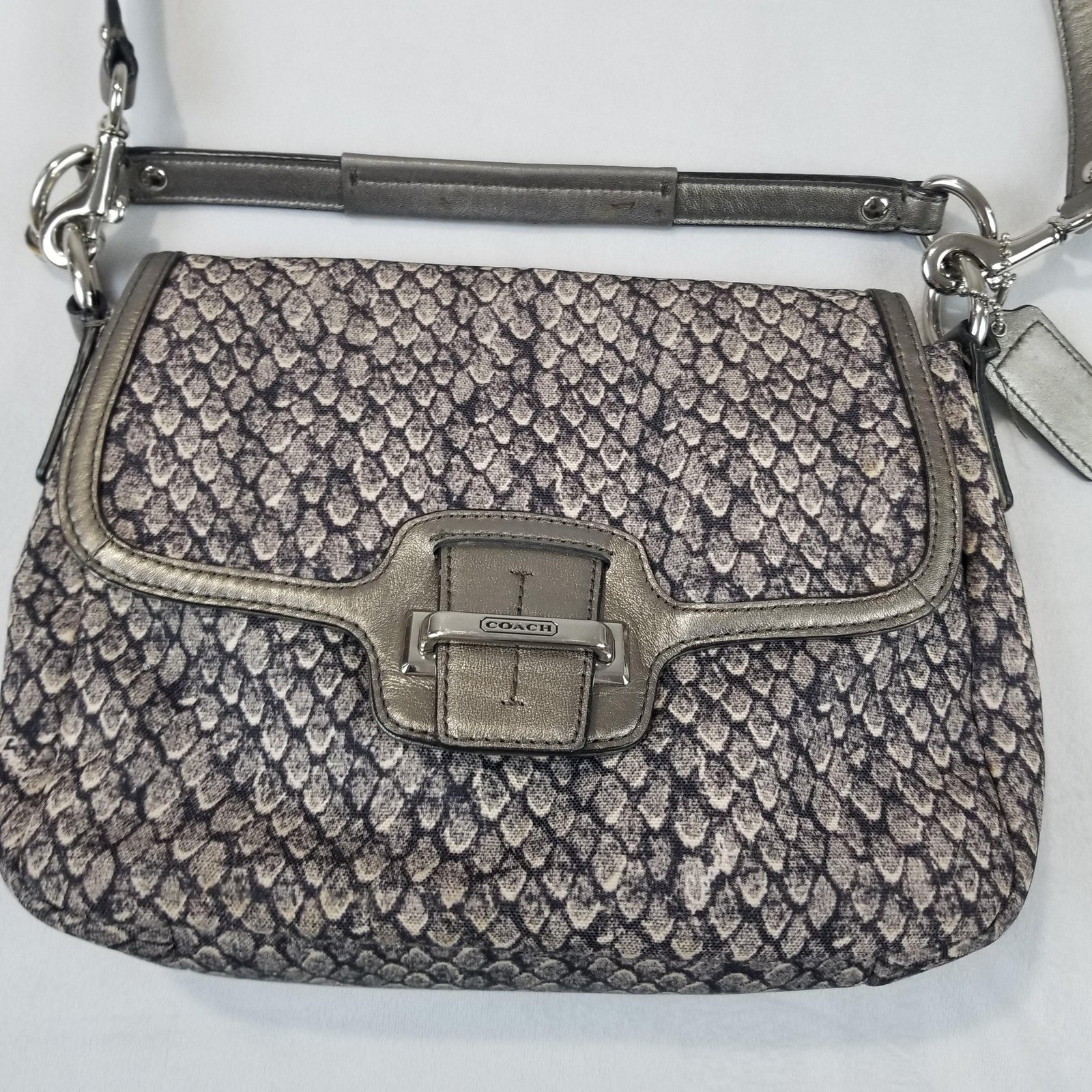 Coach Crossbody Bag Womens Gray Silver Snakeskin Print Leather Trim Flap F20036
